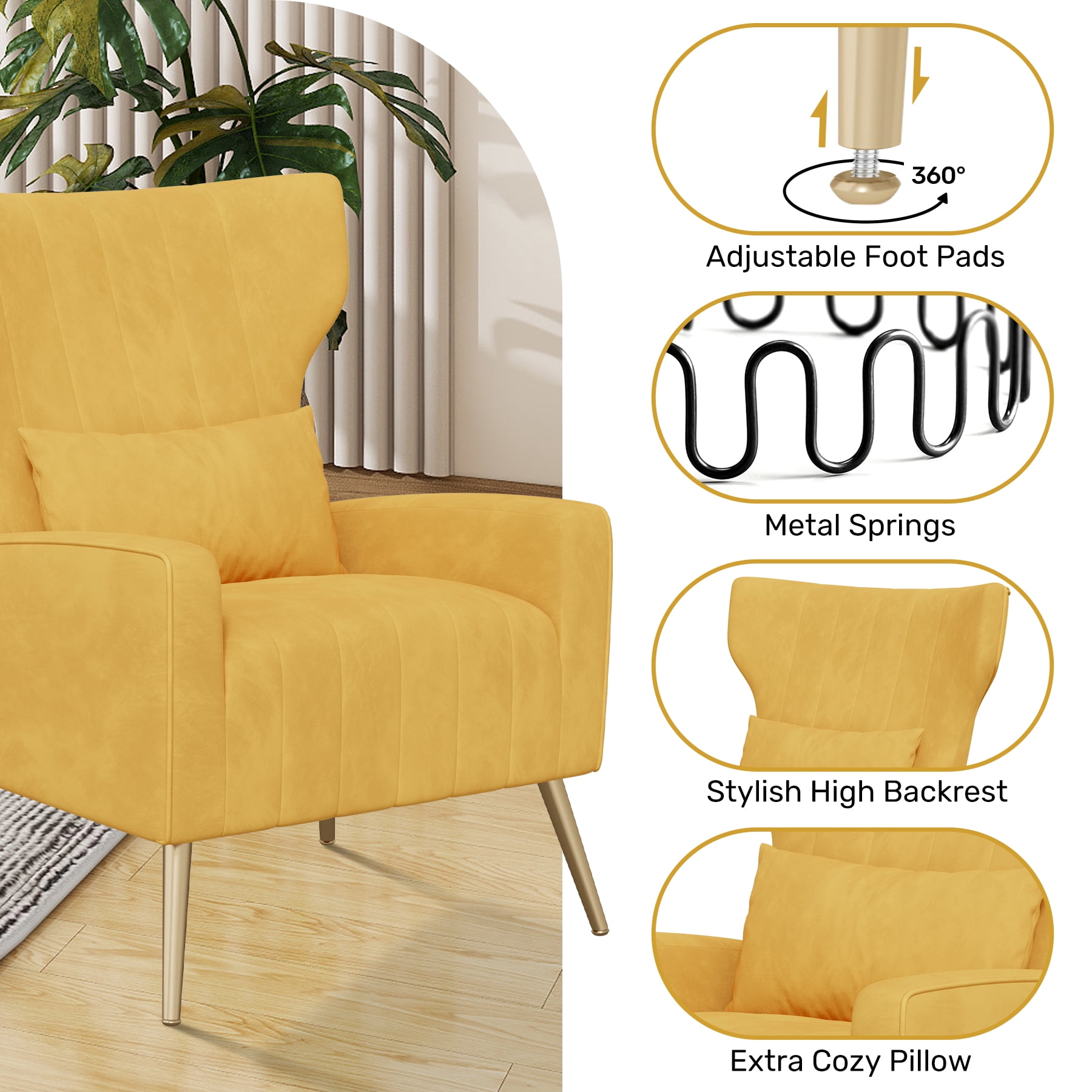 MOONMISS Velvet Accent Chair for Living Room, Modern Arm Chair with Pillow, Single Sofa Lounge Chair for Bedroom & Reading Room,Yellow