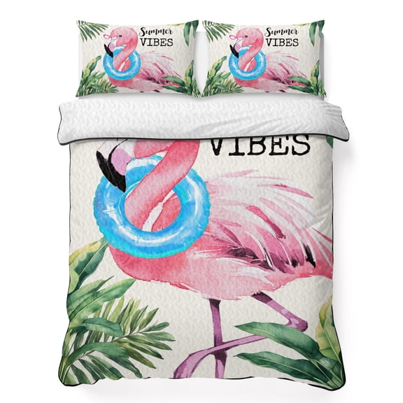 Summer Vibes Flamingo 3 Piece Quilt Bedding Set with 2 Pillow Shams, Summer Tropical Plants Palm Leaves Lightweight Bedspread Coverlet, Soft Breathable All Season Quilt, 68 x 98 Inch