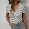 thumbnail image 3 of Bzhegqhd Women's New Summer Striped V-neck Button Hole Short Sleeved T-shirt Top, 3 of 8