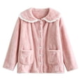 thumbnail image 4 of XRoczxe Women Fuzzy Fleece Button Front Sleep Jacket Lace Ruffle Peter Pan Collar Large Side Pockets Soft Warm Winter Loungewear Coat 7 Elegant Solid Colors, 4 of 5