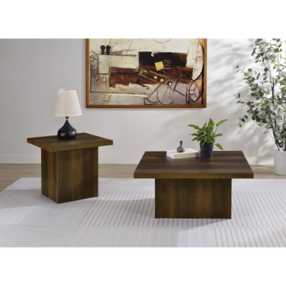 Square Coffee Table, Modern Wood-Look Pedestal Coffee Table with Matte Black Finish for Living Room, 35.5 x 35.5 in, Brown