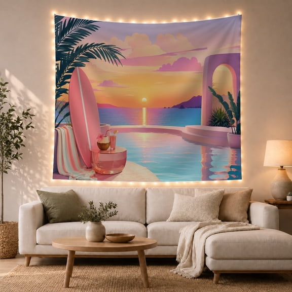Ocean Waves Tropical with Sunset Overlooking Infinity Pool, Mystical Fantasy for Space Lovers, Galaxy Room Decor, Mother'S Day Gift, Tapestry Wall Hanging for Bedroom and Dorm