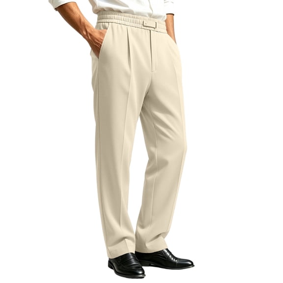 LEKWK Dress Pants for Men Pleated Casual Straight Leg Trousers with Elastic Waistband Lightweight Breathable Relaxed Fit Slacks for Smart Casual Business Work Lounge Everyday Wear Beige XL