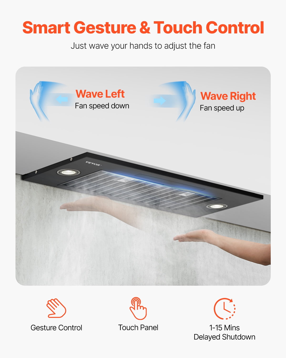 VEVOR Range Hood Insert, 30 Inch Built-in Kitchen Vent Hood, 800CFM Steel Stove Hood, with Gesture & Touch Control, LED Light, Baffle Filters, 4-Speed Exhaust Fan, Ducted/Ductless Convertible