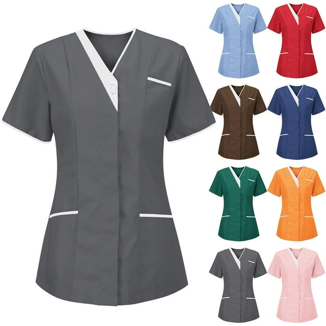 DDAPJ pyju Sarraus d'Infirmière pour Femmes, Hauts de Sarrau à Boutons-Pression à l'Avant, Cache-Cœur à Col en V, Manches Courtes, Chemises de Sarraus Médicaux, Soins de Santé, Uniforme de Travail d'Infirmière avec Poches, Rabais de 90 pour Cent, Liquidation, Rose, P