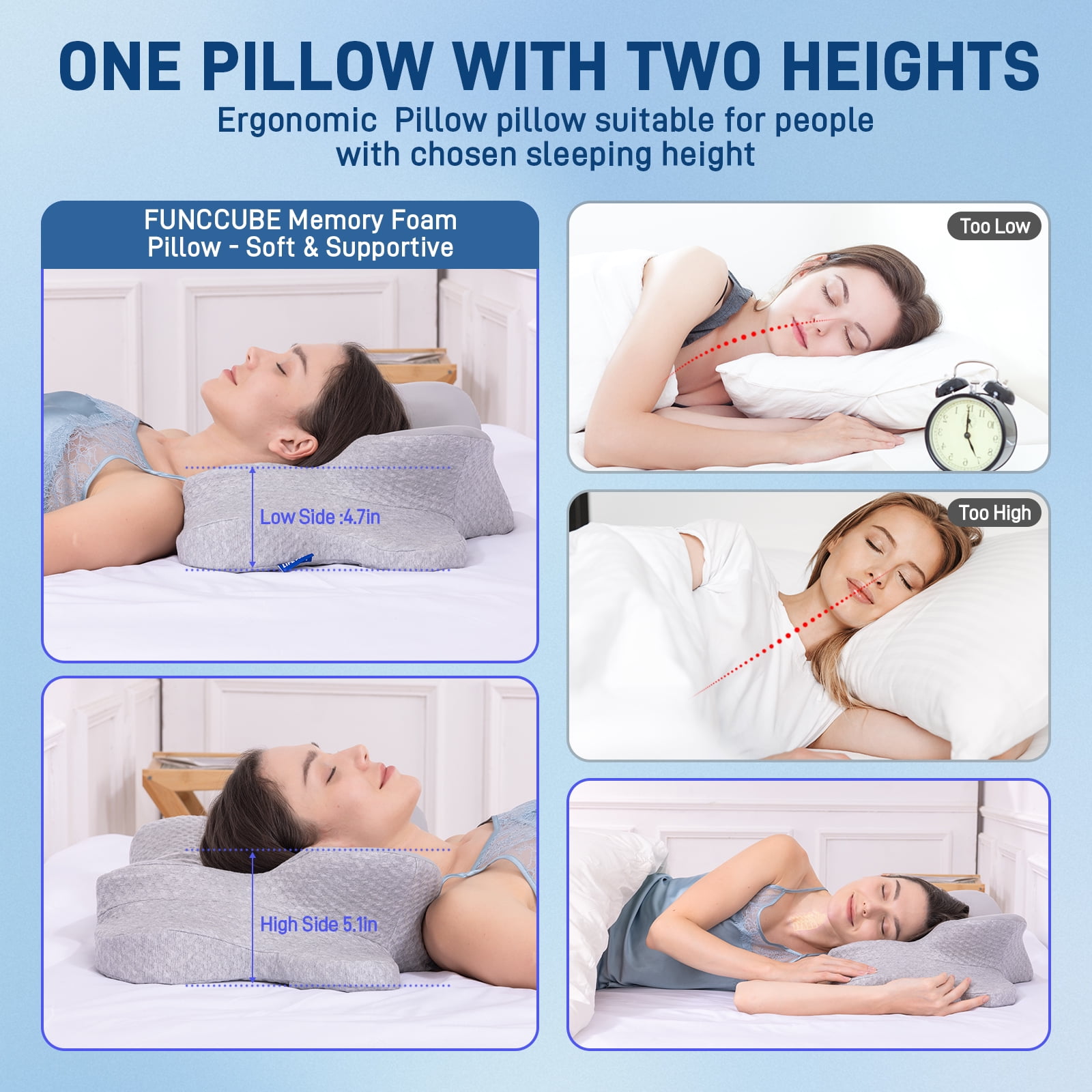 Cervical Neck Pillow - Memory Foam Pillow for Neck Support & Pain Relief, Ergonomic Contour Pillow for Back & Side Sleepers, Soft & Washable Pillowcase (Gray-Gray)