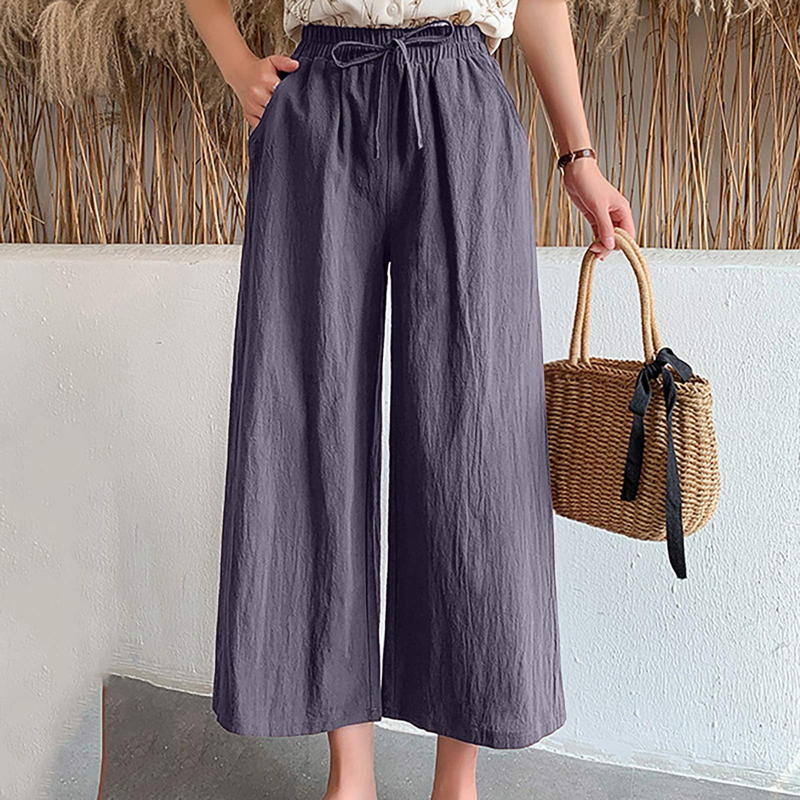 Niiyyjj Women's Summer Elastic Waist Bloomers Pocket Casual Length Pants  Solid Pleated Wide Leg Pants, Khaki, Medium : : Clothing, Shoes &  Accessories