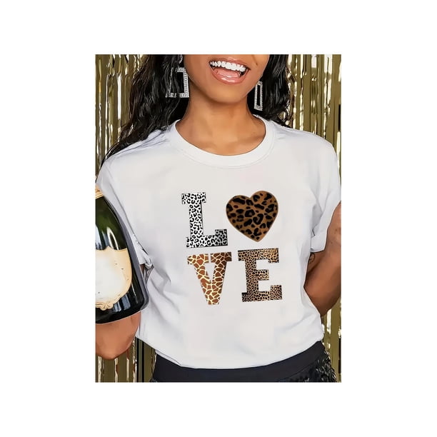 Stylish White 'LoVe' Leopard Heart Print Tee - Casual Round Neck Short Sleeve, Machine Washable - Perfect for all Seasons, Casual Wear Tee|Leopard Heart Design Cotton Shirt
