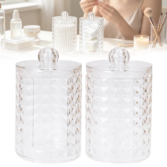 2 Pack Acrylic Qtip Holder Dispenser, Bathroom Jars with Lids Set, Cotton Swab Storage Box,Vanity Organizer Canisters, Cotton Pad & Ball Holder, Restroom Bathroom Organizer, Makeup Storage Canisters