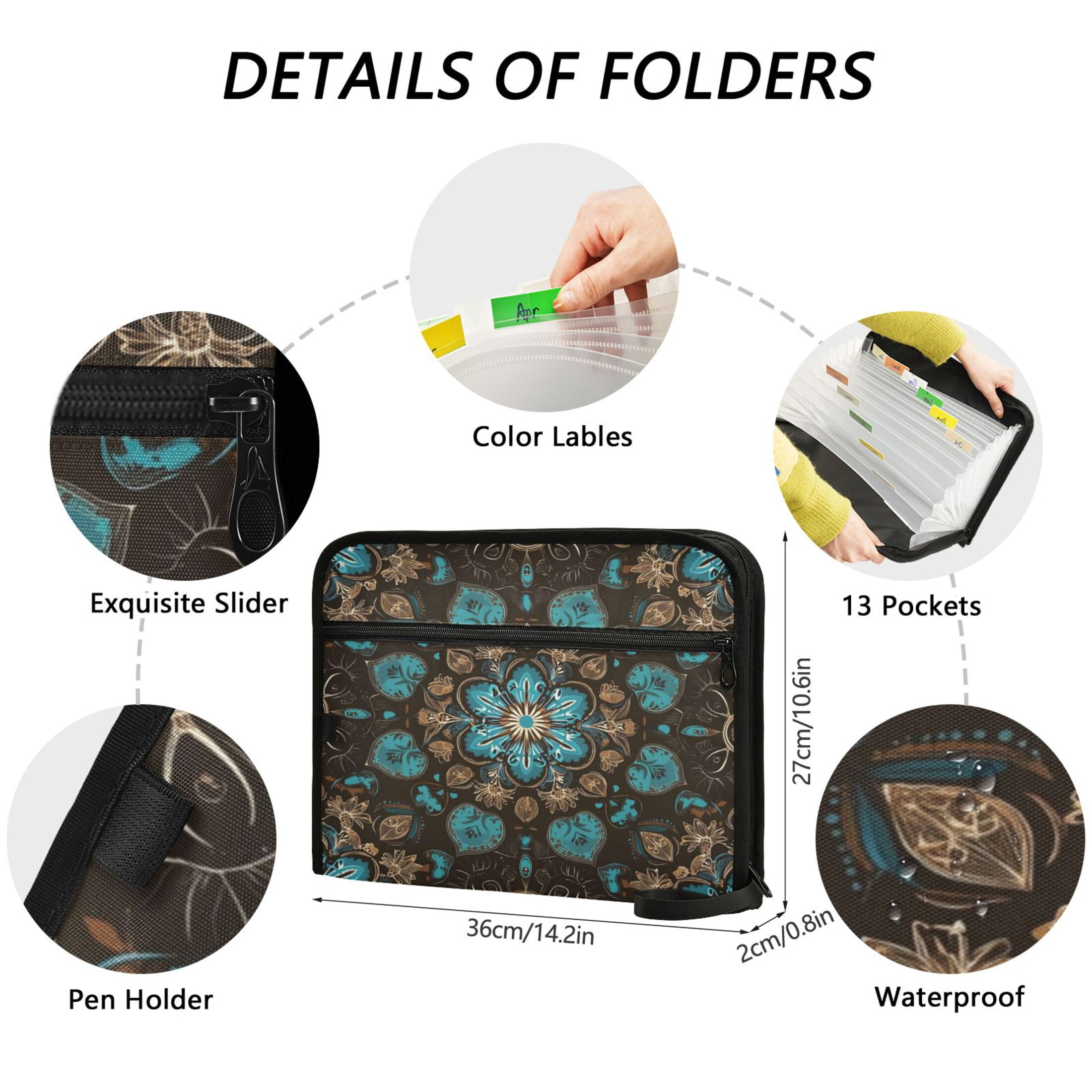 WOBOGO Turquoise Mandalas Expanding File Folder Letter Size Accordion Filing Organizer 13 Pocket Separate Organ Pocket