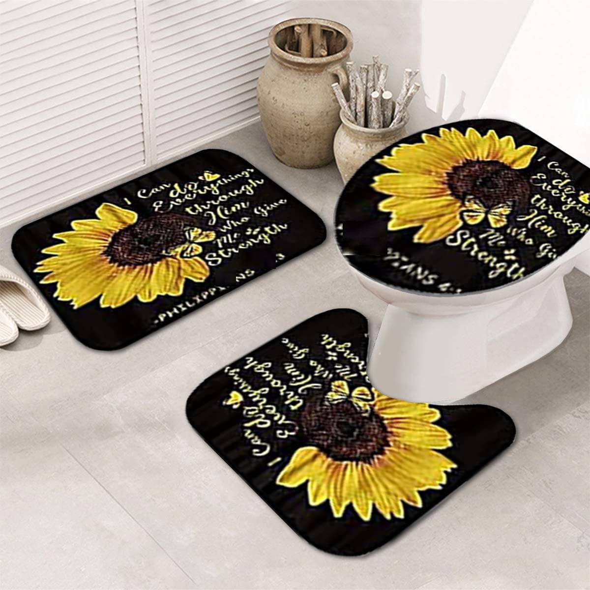 4 Pcs Bathroom Shower Curtain Set Sunflower Shower Curtain Bathroom Sets Valentine's Day Shower Curtain Sets with Rugs(Bath Mat,U Shape and Toilet Lid Cover Mat) and 12 Hooks
