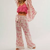 Comfortable Women's Pajamas Silk Satin Pajamas Set For Women 2 Piece Floral Wide Leg Pants Set Long Sleeve Button Down Pj Shirts Set, Women Pajama Sets XL