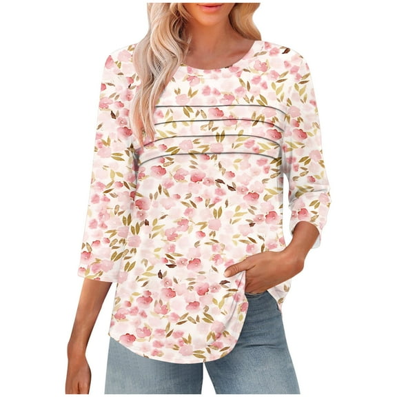 CYMMPU Business Work Blouses Fashion Tunic Tops Shirts Basic Tees Vintage Summer Fall Crewneck Floral Printed 3/4 Length Sleeve 2025 Clothes for Women Pink S