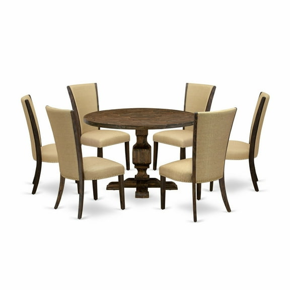 East West Furniture 7-Piece Dining Set - Wooden Dining Table and 6 Brown Color Parson Kitchen Chairs with High Back - Distressed Jacobean Finish