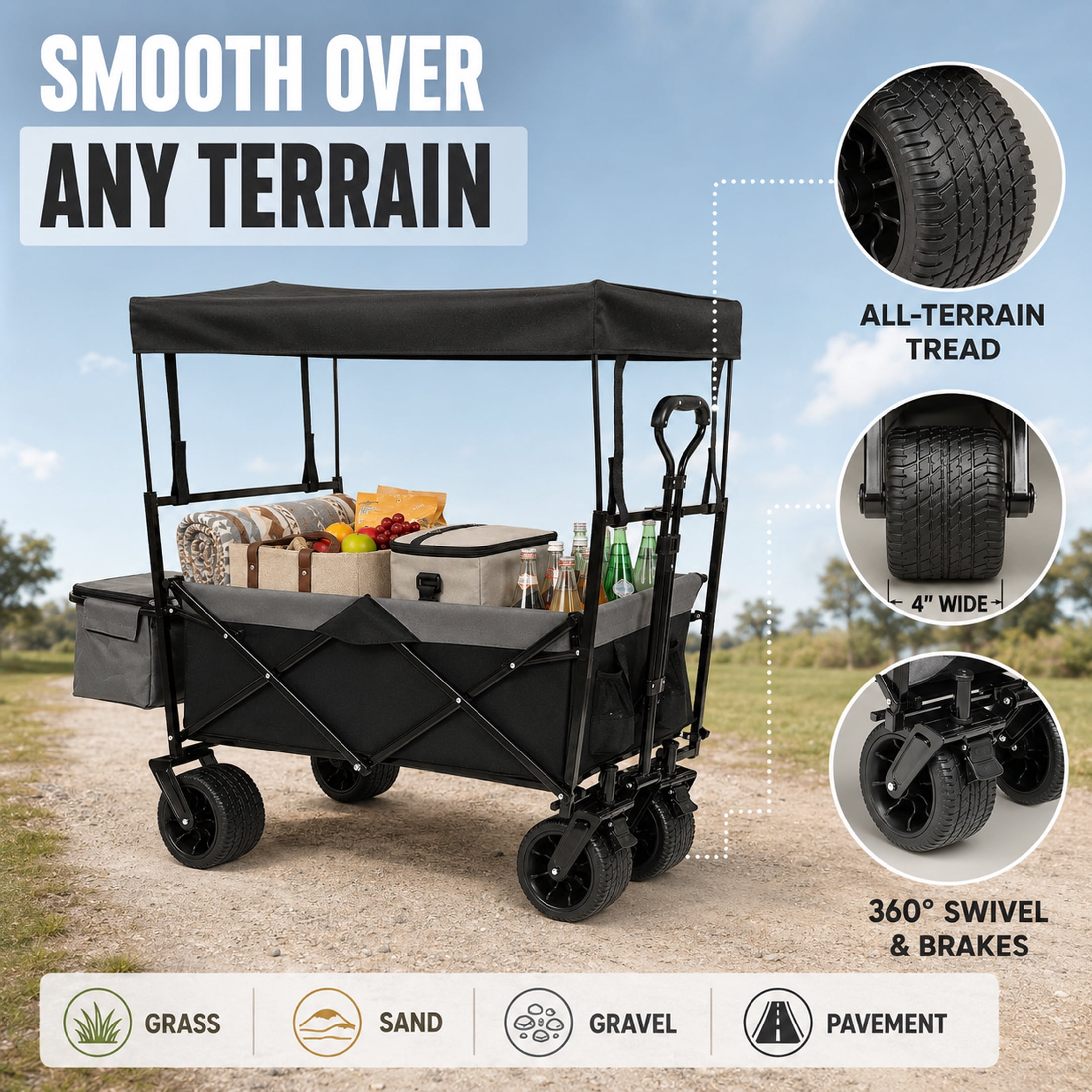 Heavy Duty Folding Wagon with Canopy, 480 lbs Collapsible Wagon Stroller with Mosquito Net, 7"x4" All-Terrain Wheels for Camping, Garden, Black