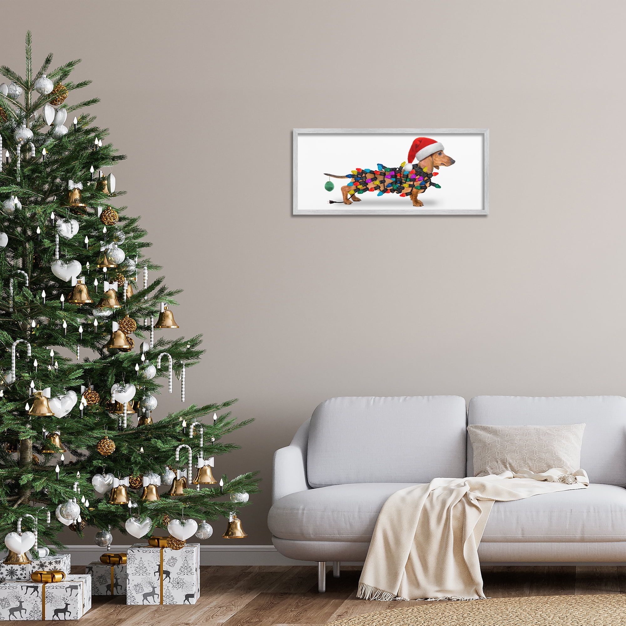 Stupell Industries Holiday Lights Dachshund Holiday Painting Gray Framed Art Prints Wall Art, 30 x 13