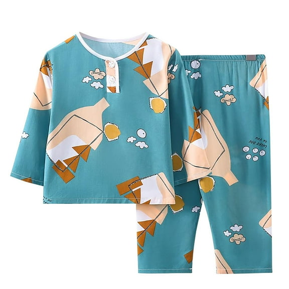 Odeerbi 1-12 Years Kids Boys Girls Summer Cotton Pajamas Long Sleeve Tops Pants Set Soft Loungewear Cute Print Sleepwear Two-piece Set Kids Boys Girls Clothes