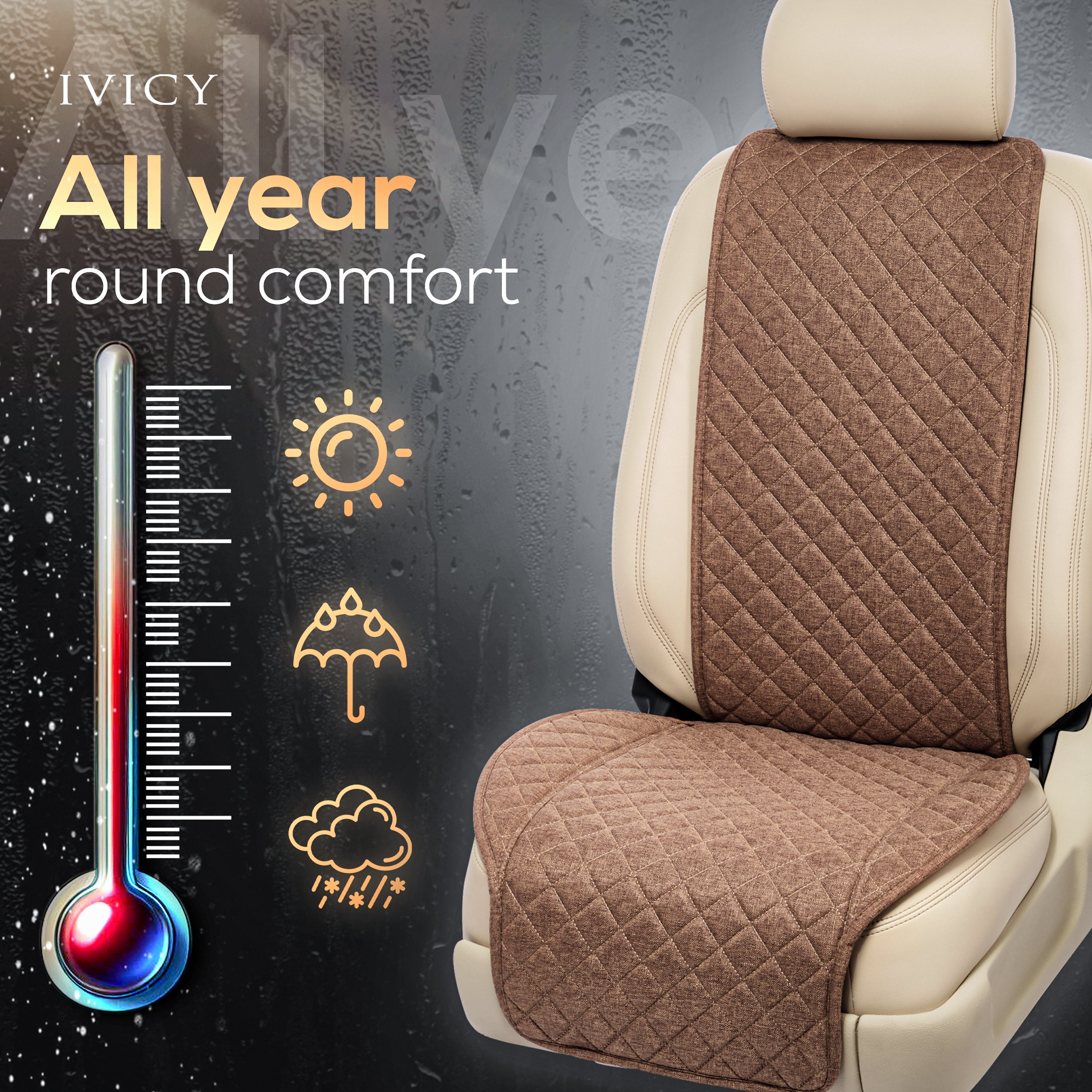 IVICY Faux Linen Front Car Seat Cover – Durable, Non-Slip Seat Protector for Cars – 1 Unit, Brown