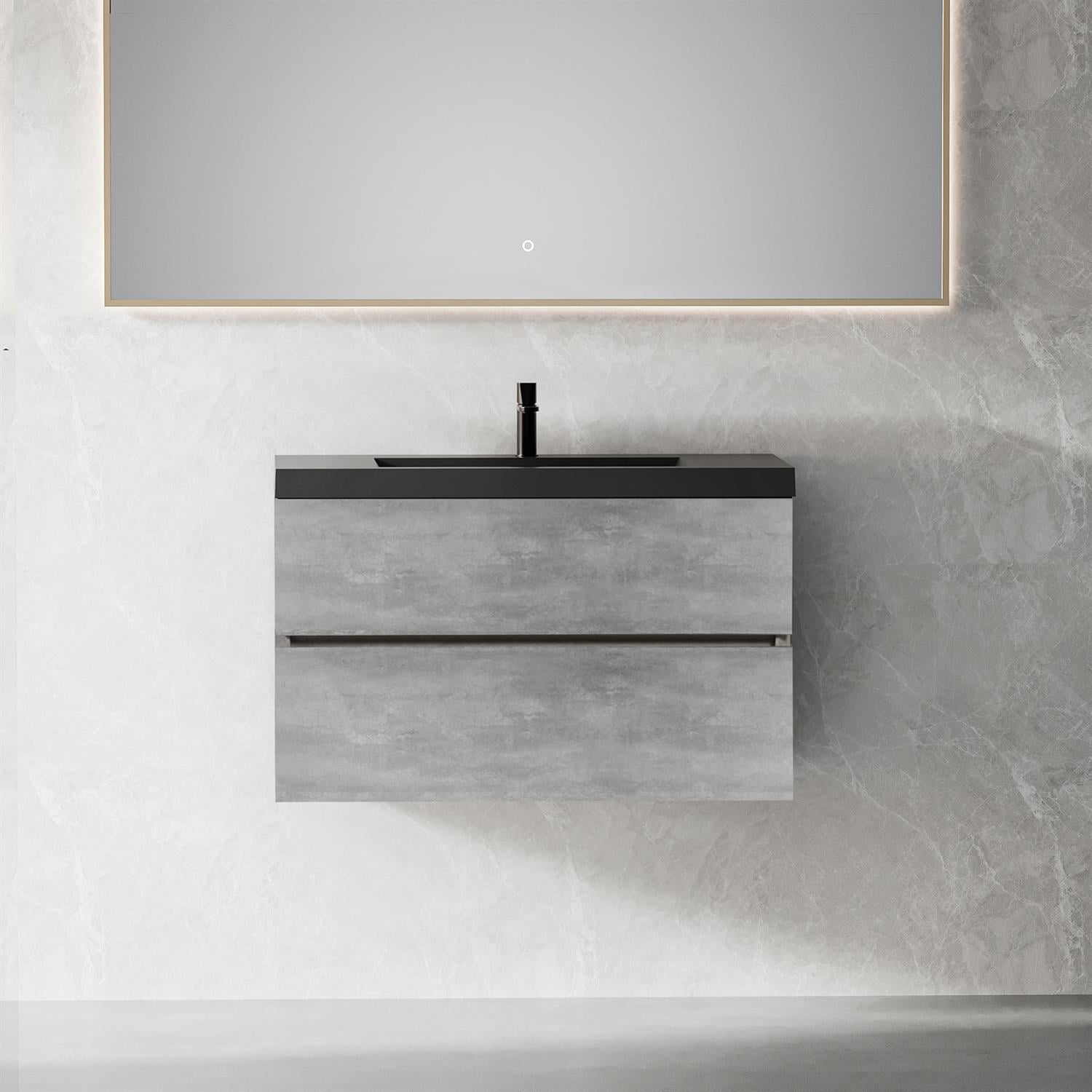 Demi Bonn 35" Floating Bathroom Vanity with Sink, Black Quartz Sand Top Basin and 2 Soft Close Drawers, Faucets and Drains Not Included, Gray