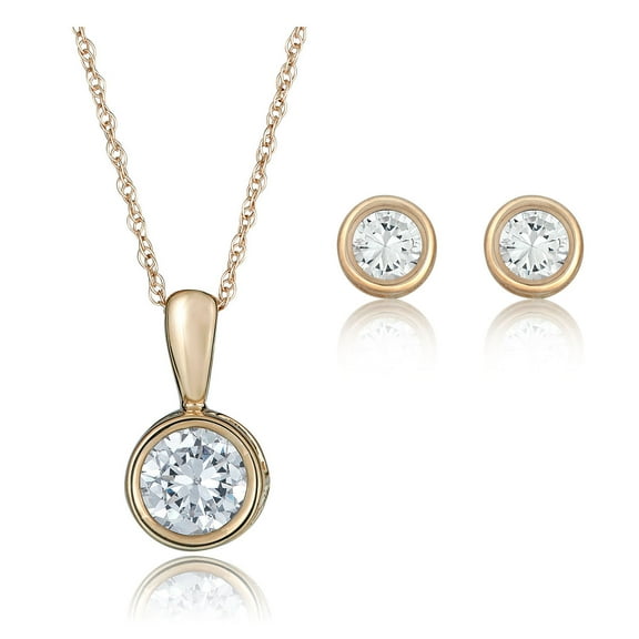 AVORA 10K Yellow-Gold Simulated Diamond CZ Solitaire Pendant Necklace and Stud Earrings Set