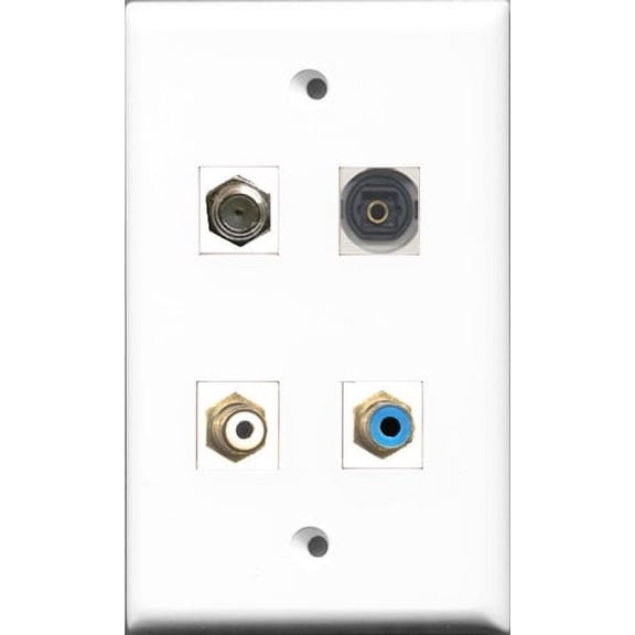 RiteAV 1 Port RCA White and 1 Port RCA Blue and 1 Port Coax Cable TV- F-Type and 1 Port Toslink Wall Plate