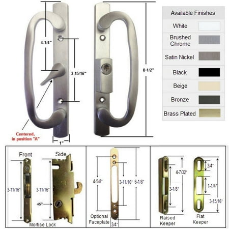 Sliding Glass Patio Door Handle Kit with Mortise Lock and Keepers, A-Position, Centered Latch Lever, Brushed Chrome,