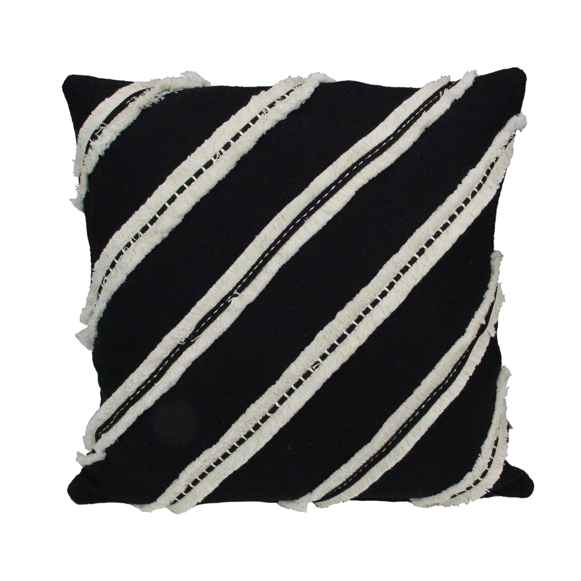 17" Black and Ivory Striped Fringe Square Throw Pillow Polyester