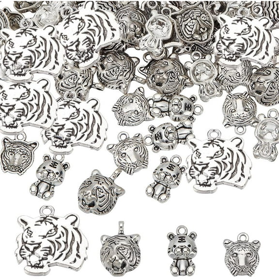 80Pcs Alloy Pendants Tibetan Style Alloy Pendants Antique Silver Tiger Animal Pendants for DIY Earring Necklace Bracelet Jewellery Making