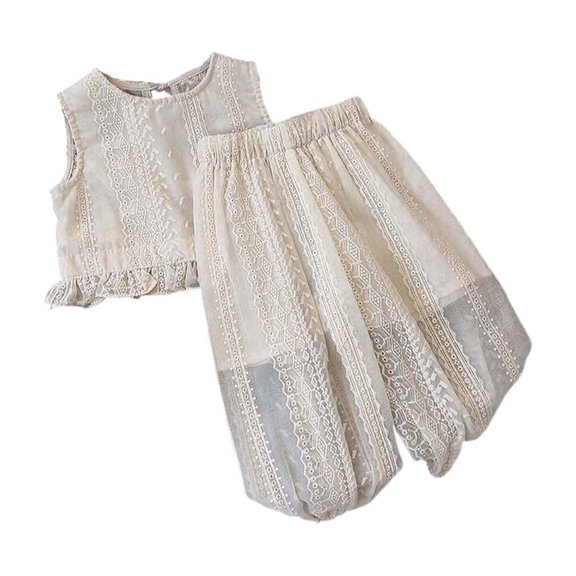 YuYuBao Summer Toddler Girls Outfits Sets Pure Color White Lace Embroidery Trimmed Strapless Tops And Wide Leg Pants Beach Party Sets, 3-4 Years
