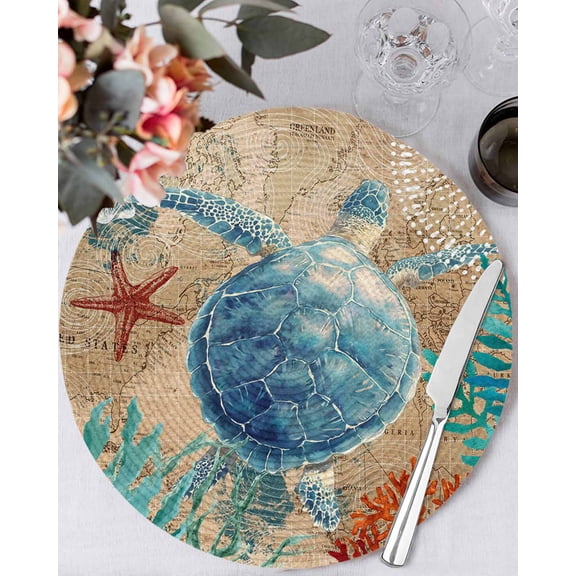 13 Inch Round Placemats Set of 4, Brown Sea Turtle Coastal Non Slip Heat Insulation PP Table Mats, Nautical Coral Ocean Vintage Washable Place Mats for Kitchen Dining Party Table Decor
