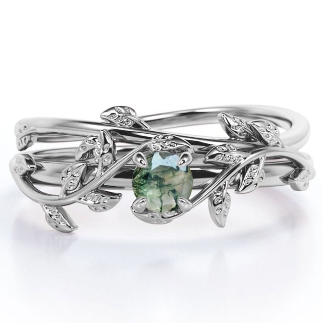 JeenMata Anillo de Bodas Solitario de Ágata Verde Musgo Natural de Forma Redonda de 0,50 Quilates con Diseño Botánico Engastado en Oro Blanco de 18 K sobre Plata