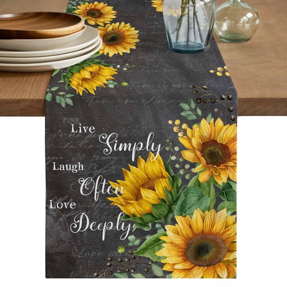 Yellow Sunflowers Table Runner 48 Inches, Farmhouse Floral Rustic Leaves Dark Grey Bed Runner Dresser Scarves Tabletop for Indoor Outdoor Parties/Ceremony/Banquet, 13" x 48"