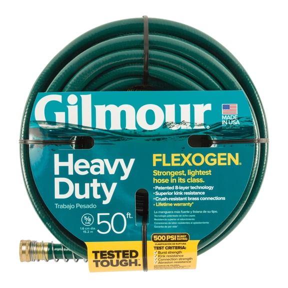 Gilmour Flexogen 50ft Heavy Duty Garden Hose, 5/8" All-Weather Water Hose with Crush-Resistant Brass Fittings, 500 PSI Burst Strength, Kink & Leak Resistant