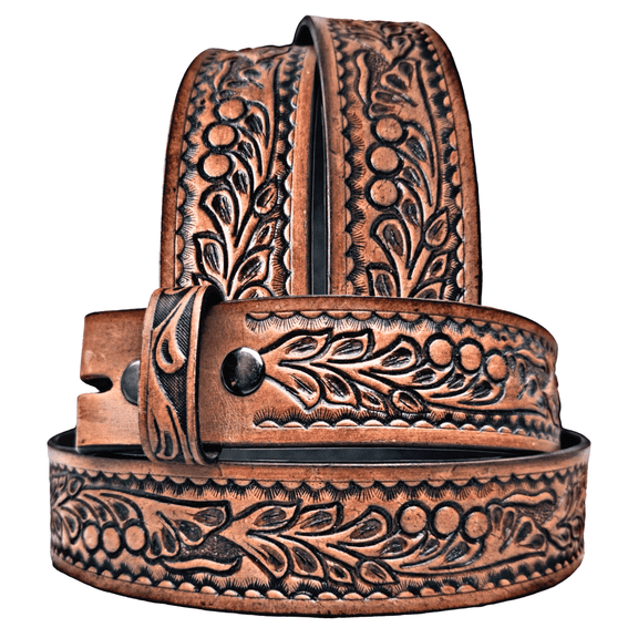 Western Leather Belt Without Buckle – Hand-Tooled Full-Grain Cowboy Belt Strap for Men’s & Women’s Casual Wear, Plus Sizes Available