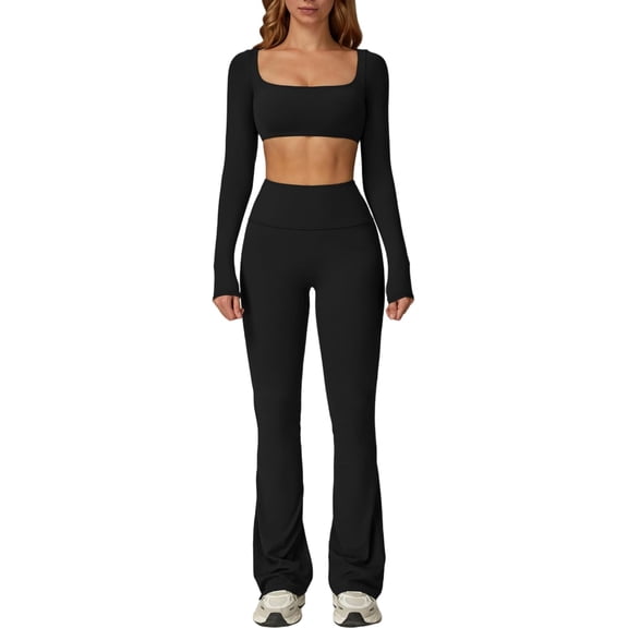 PISONIC Workout Sets for Women 2 Piece Square Neck Long Sleeve Crop Tops High Waist Flared Leggings Gym Sets