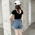 thumbnail image 5 of XXWXYD Girls Denim Shorts Baggy Wide Leg Prep𝗉y High Waisted Elastic Waist Casual Comfort School Summer Plain Y2K Trendy Shorts, 5 of 9