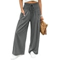 thumbnail image 3 of VBVC Women's Cotton Linen Smocked Waist Pants , Drawstring Wide Leg Boho Trousers For Women , Ladies' Casual Summer Beach Pants with Pockets, Dark Gray , S-2XL, 3 of 8