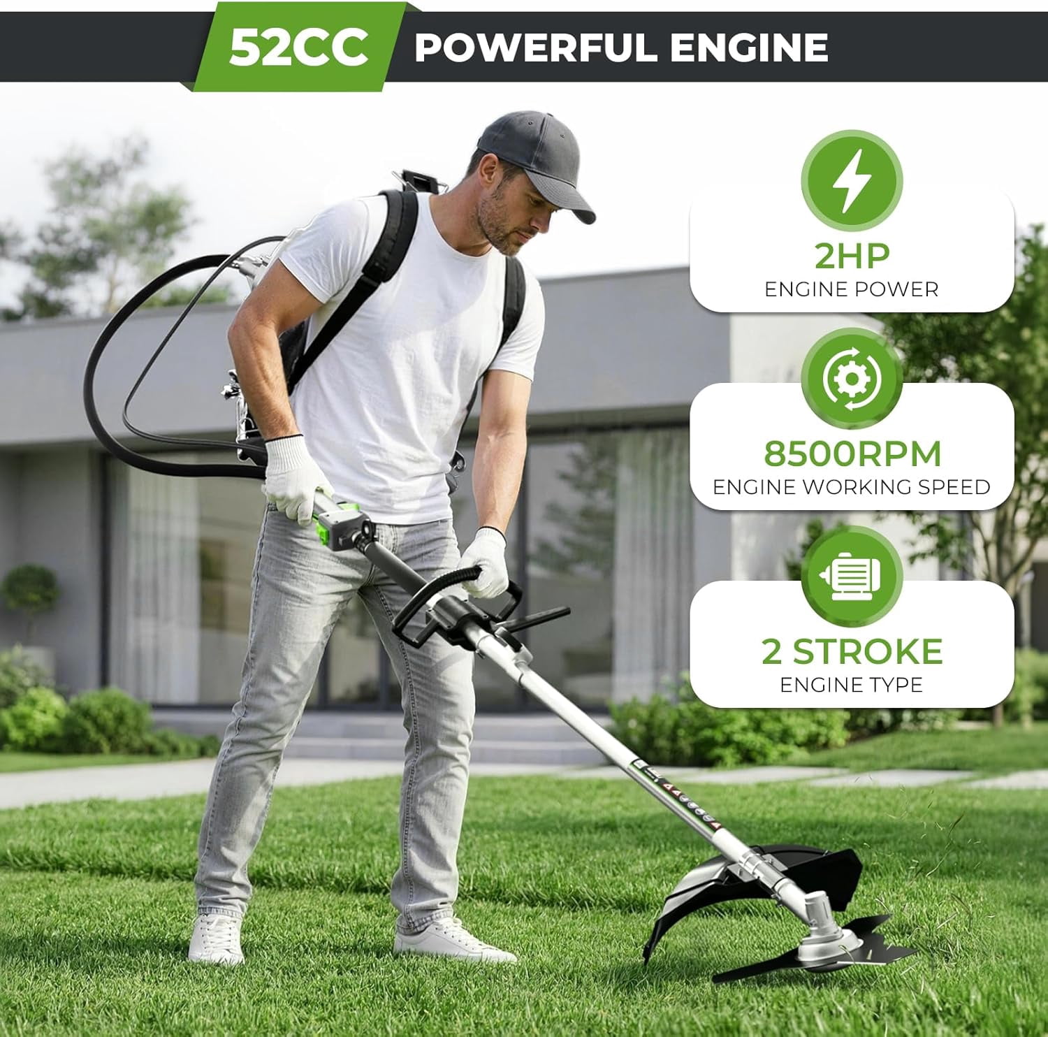 52CC 3-in-1 2-Stroke Gas Powered Weed Wacker, Backpack Weed Eater String Trimmer, Brush Cutter 3/40-Tooth Blade