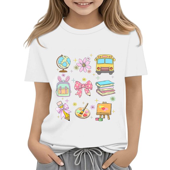 UACY Girls Cute School Graphic T Shirt Short Sleeve Crew Neck Cotton Casual Summer Tee for Back to School (White, 8-9 Years)