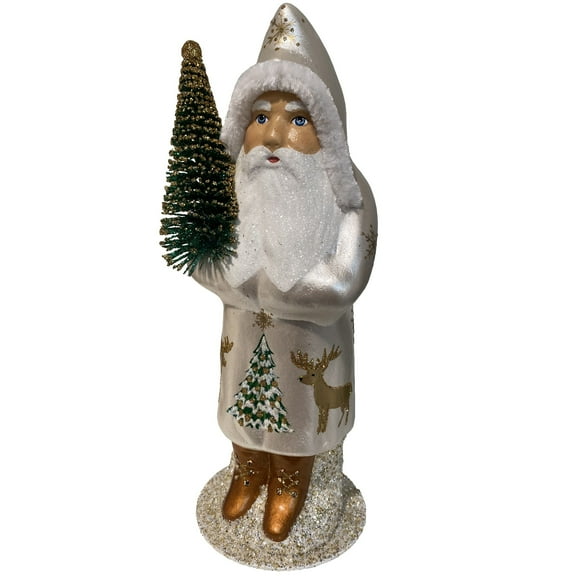 Alexander Taron 11” Paper Mache Silver Santa with Gold Reindeer Detail Christmas Candy Container
