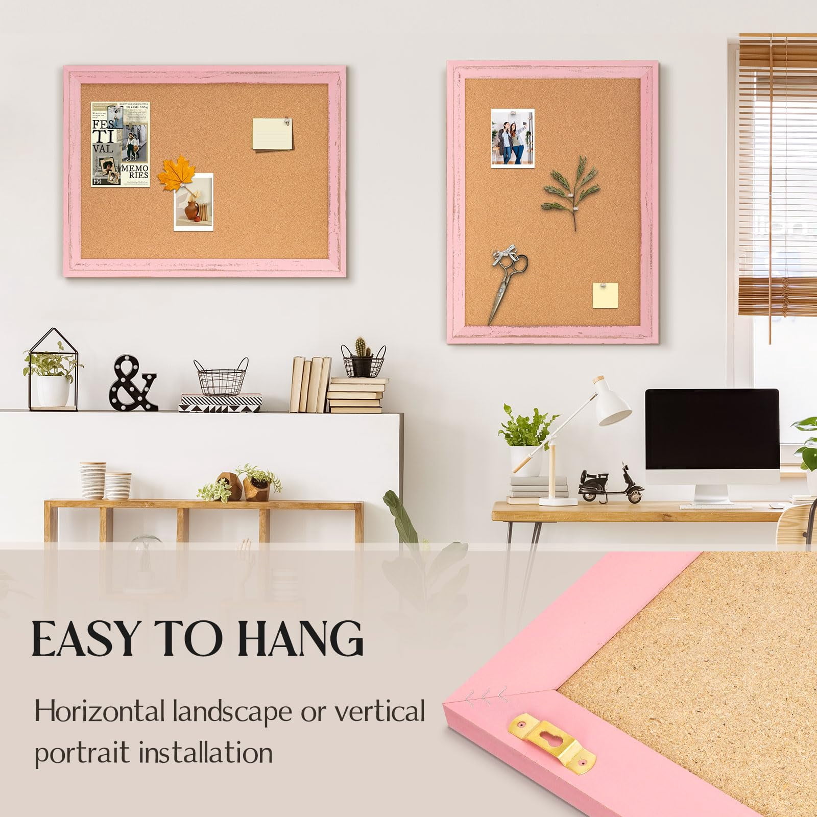Cork Bulletin Board  24" X 18" Corkboard For Wall Pink Wooden Frame Decorative Hanging Pin Tack Home Office Decor 10 Push Pins
