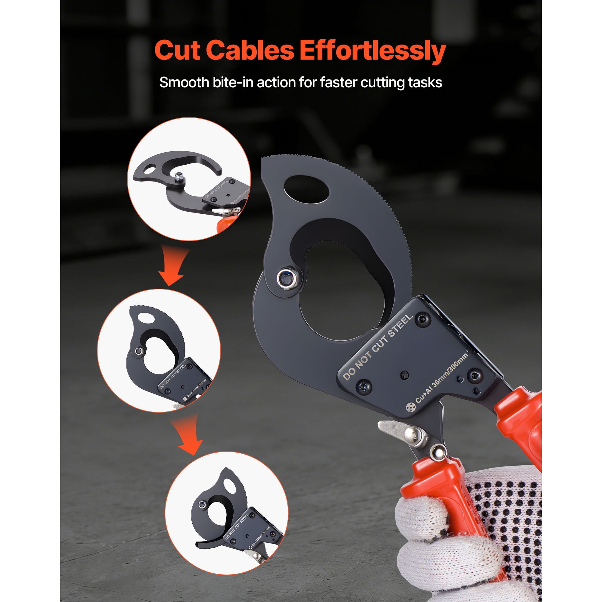 KFFKFF Ratcheting Cable Cutter with Spring Steel Blades, PVC-Coated Handles, Quick-Release Button, Durable Tool for Cutting Copper and Aluminum Cables Up to 600 MCM / 300 mm²