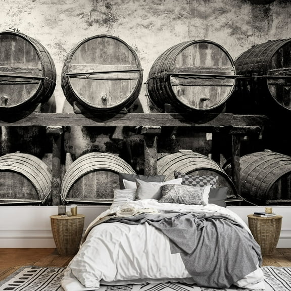wall26 - Barrels Stacked in The Winery in Black and White - Removable Wall Mural | Self-Adhesive Large Wallpaper - 100x144 inches