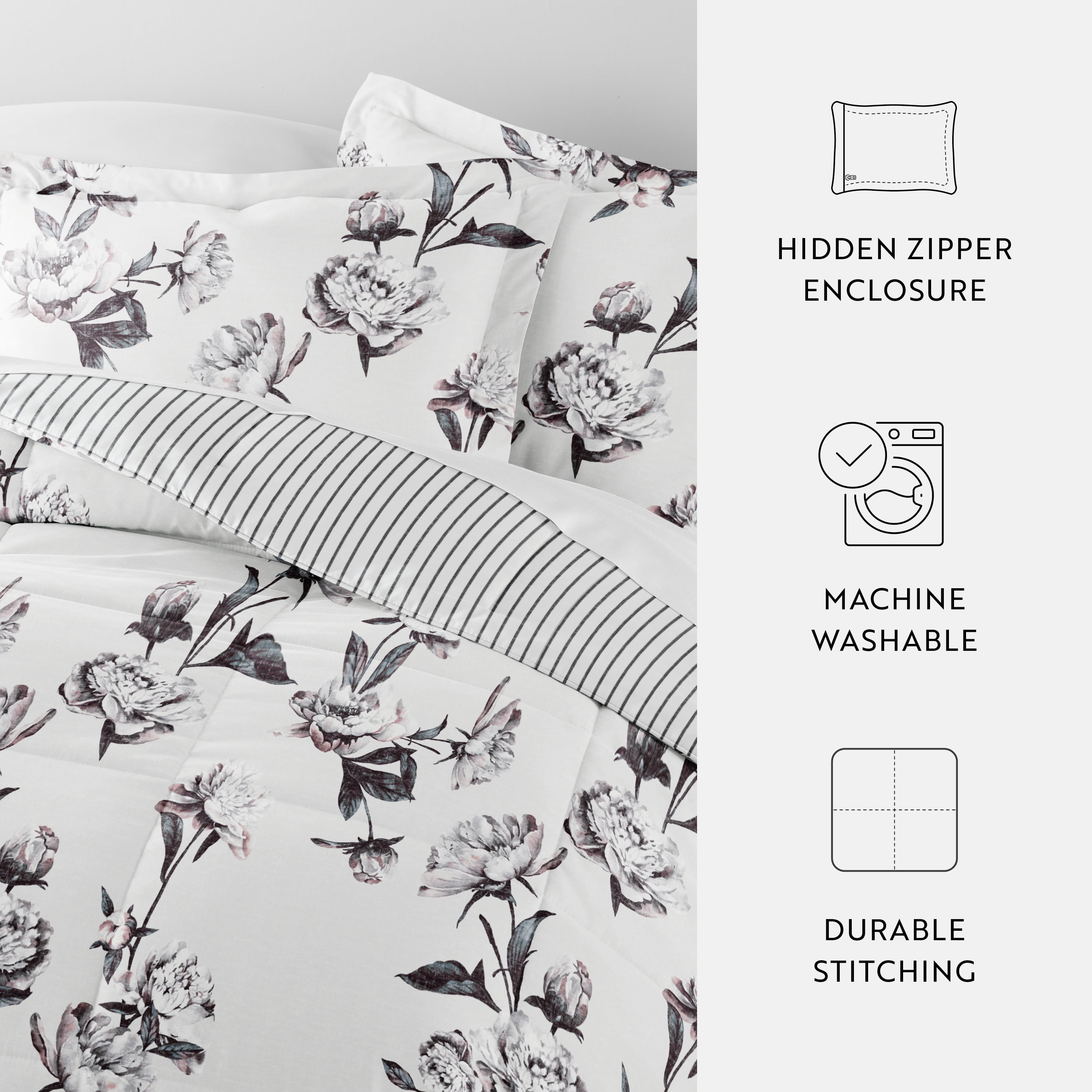 Noble Linens Down Alternative Vintage Magnolia Stripe Gray Reversible Comforter Set