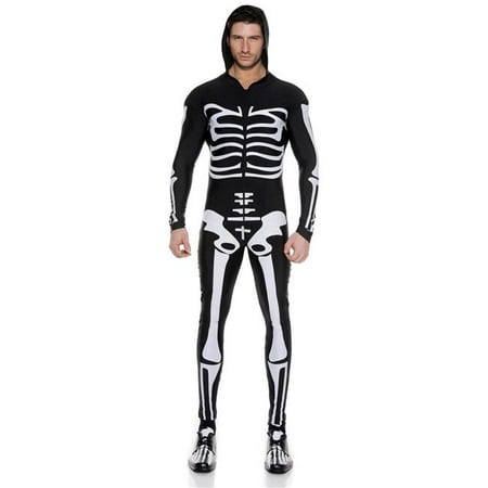 Music Legs 76630-L Skeleton Printed Long Sleeve Zip Up Body Suit with Attached Hood, Large