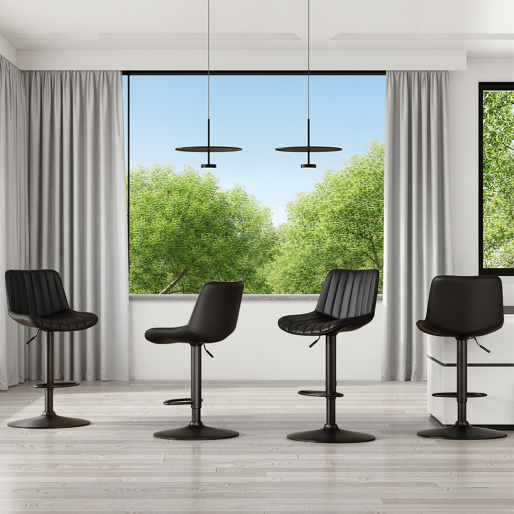 MAYEERTY Black Swivel Adjustable Bar Stools Set of 2, Industrial PU Leather with Back Support for Kitchen Island