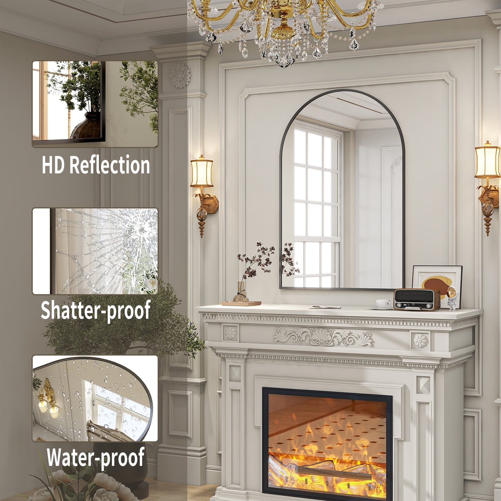 BEAUTYPEAK 24"x 36" Bathroom Mirror Wall Vanity Arched Mirror, Black