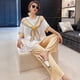 thumbnail image 5 of Pijama de seda de hielo para mujer, conjunto de tres piezas de cuello redondo, manga corta y fina, estampado de moda, estilo novio, ropa para el hogar, 5 of 6