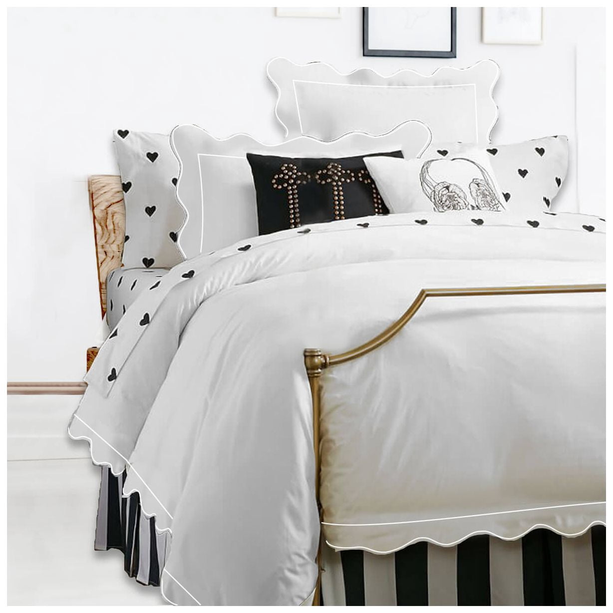 Eiderdown Decor400TC Cotton Scallop Embroidery & Border Sateen Solid Duvet Cover set Oversized King 120" × 98" 1 Duvet cover and 20"×36" 2 Pillow sham , White Scallop and Border