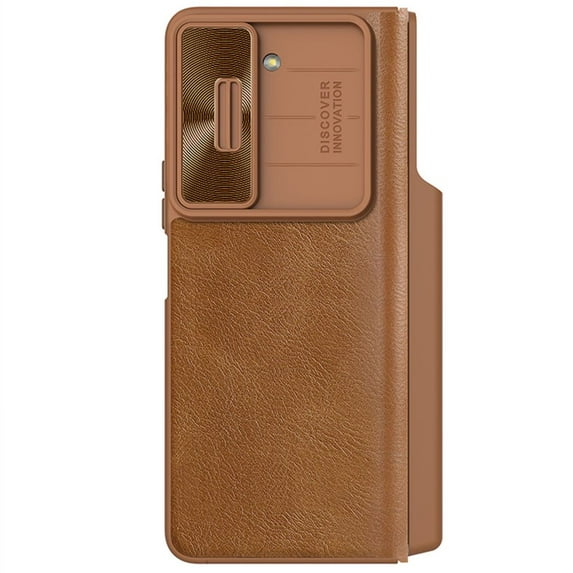 Frusde Compatible with Samsung Galaxy Z Fold 5 Leather Case with Slide Camera Cover Shockproof Flip Case-Brown